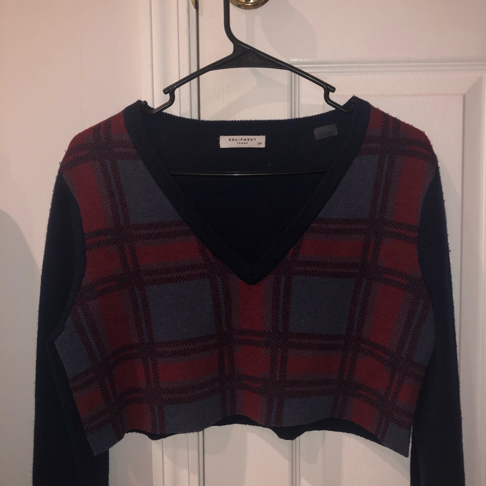 cropped plaid v-neck sweater